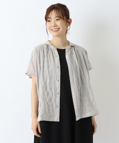 先染め フレンチ袖前開きブラウス