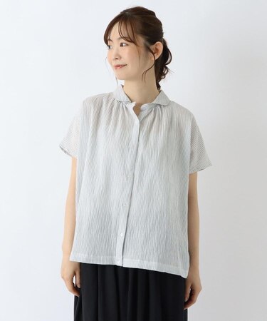 先染め フレンチ袖前開きブラウス