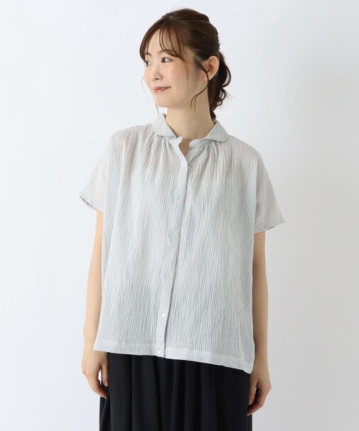 先染め フレンチ袖前開きブラウス