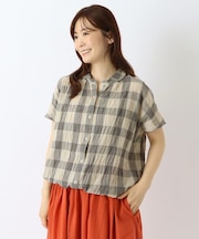 先染め フレンチ袖前開きブラウス