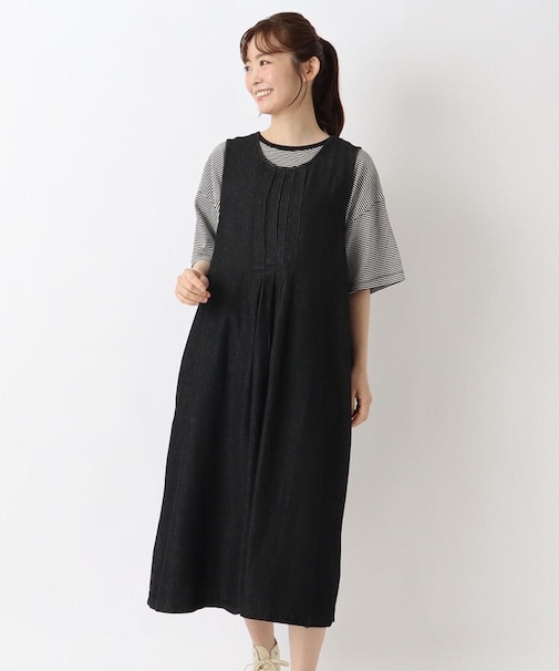 デニム 前後タックエプロンワンピース