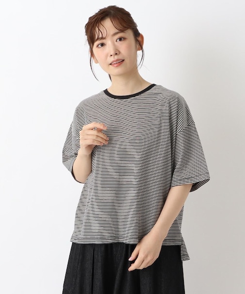 コットン天竺 ボーダー5分袖プルオーバー