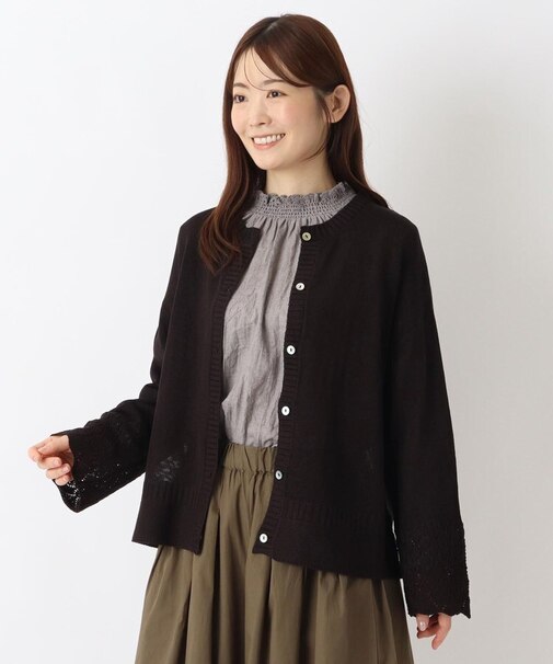 袖透かし 柄編みカーディガン