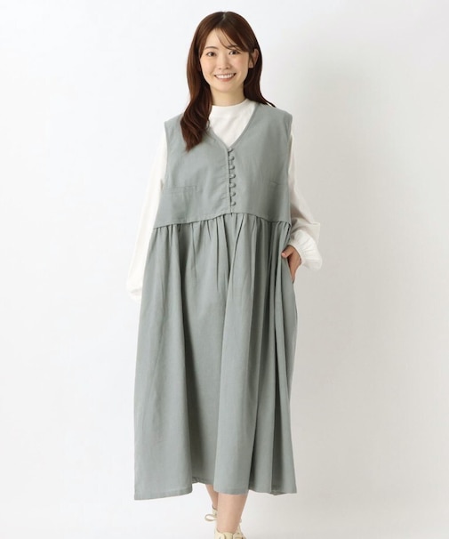 綿麻ベスト風切替ワンピース