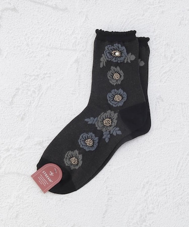 ◆サイド花柄 パール調クルーソックス