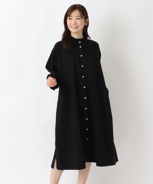 インディゴデニム ネックフリル前開きワンピース