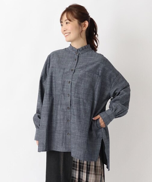 ネックフリル デニムシャンブレーシャツ