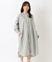 ポプリン 前開き長袖ワンピース