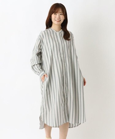 ポプリン 前開き長袖ワンピース