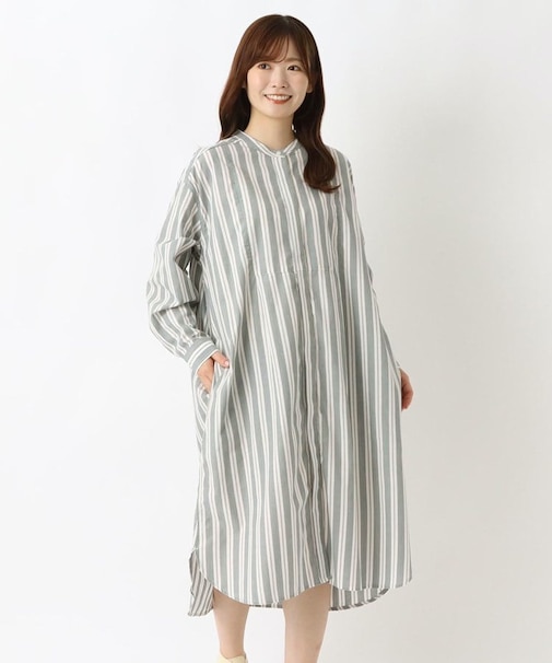 ポプリン 前開き長袖ワンピース