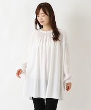 バンドカラー ギャザーブラウス