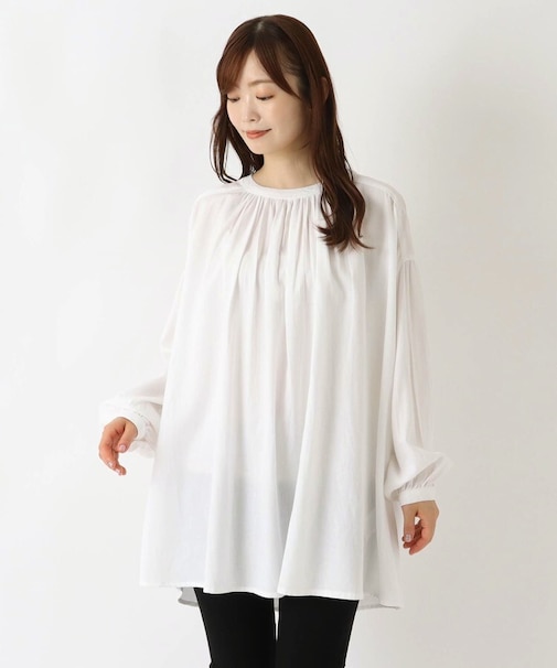 バンドカラー ギャザーブラウス