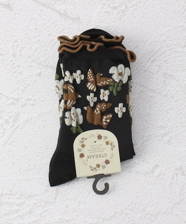 ◆鳥と花柄クルーソックス