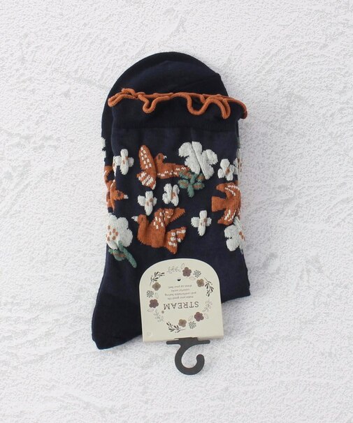 ◆鳥と花柄クルーソックス