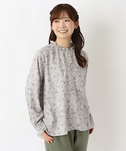 表起毛 ネックフリル 花柄プリントブラウス