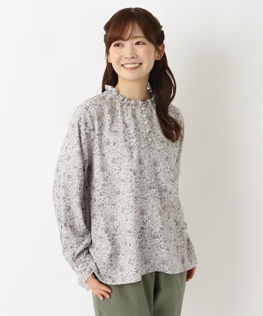 表起毛 ネックフリル 花柄プリントブラウス