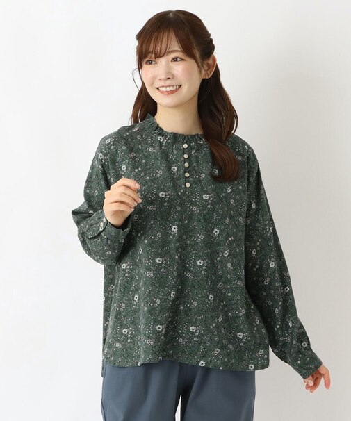 表起毛 ネックフリル 花柄プリントブラウス