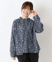 表起毛 ネックフリル 花柄プリントブラウス
