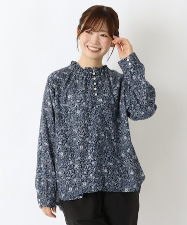 表起毛 ネックフリル 花柄プリントブラウス