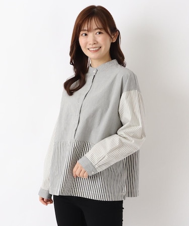 3柄コンビ スタンドカラーブラウス