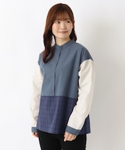 3柄コンビ スタンドカラーブラウス