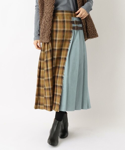 チェックデニム プリーツスカート