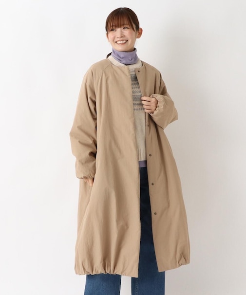 裾バルーン 中綿ノーカラーロングコート