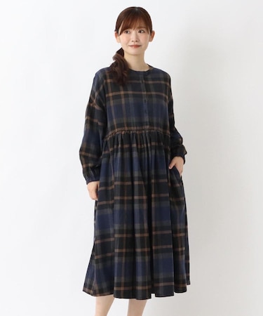 ネルウエスト切替 長袖ギャザーワンピース