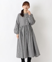 ネルウエスト切替 長袖ギャザーワンピース
