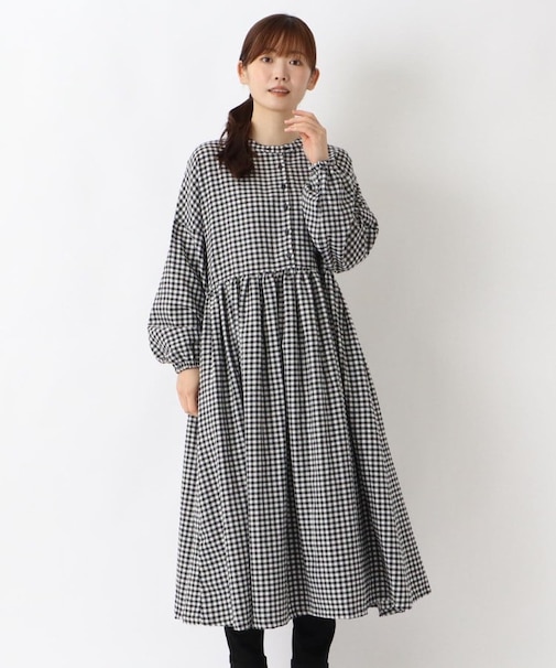 ネルウエスト切替 長袖ギャザーワンピース