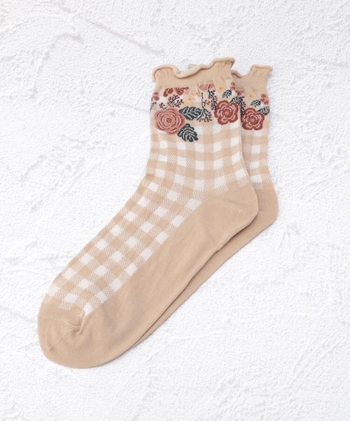 ◆【ワンズテラスオリジナル】メッセージ帯 ギンガム花柄 クォーターソックス