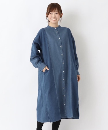 デニム袖切替え 前開きワンピース