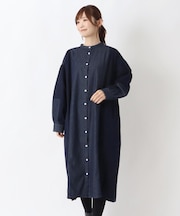 デニム袖切替え 前開きワンピース