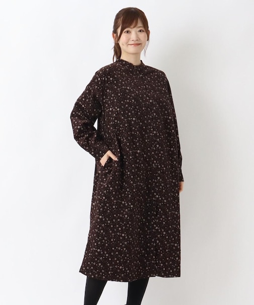 コーデュロイ 小花柄 前開きワンピース