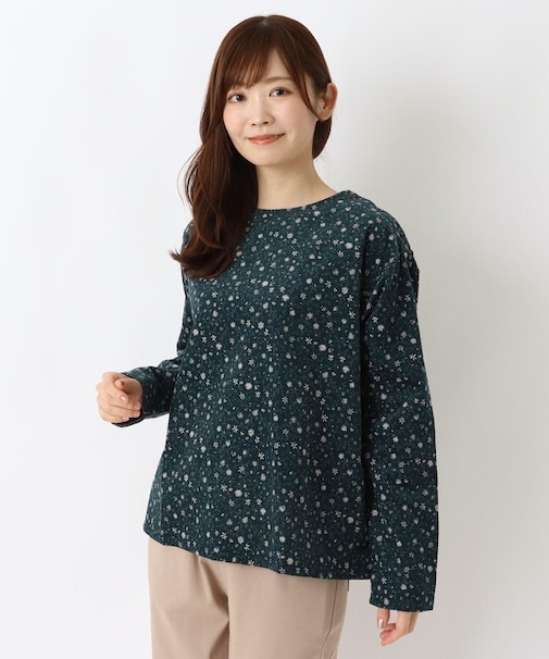 コーデュロイ 小花柄 レイヤード風ブラウス