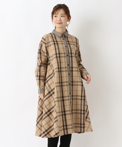 綿麻フランネル チェック柄シャツワンピース