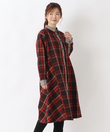 綿麻フランネル チェック柄シャツワンピース