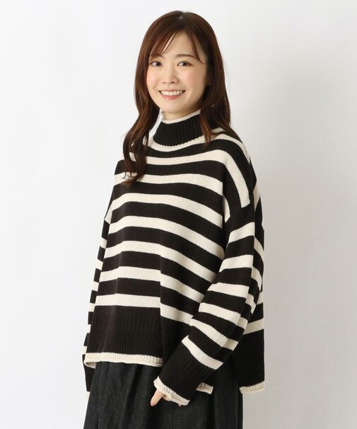 ワイドボーダー ハイネックニットプルオーバー