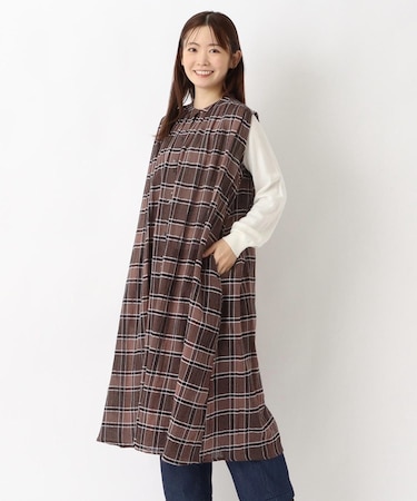 チェック柄 ノースリーブギャザーワンピース