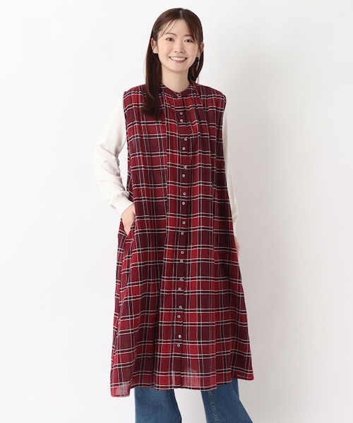 赤いチェック柄 ノースリーブワンピース チェック柄 ノースリーブギャザーワンピース｜ワンズテラスの通販