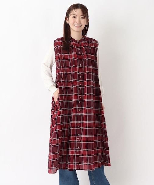 チェック柄 ノースリーブギャザーワンピース