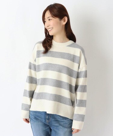 クルーネック長袖ボーダーニットプルオーバー