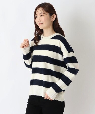 クルーネック長袖ボーダーニットプルオーバー