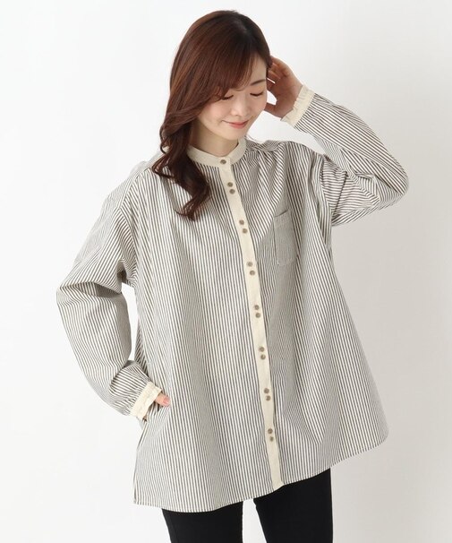 先染め配色バンド カラーチュニックシャツ