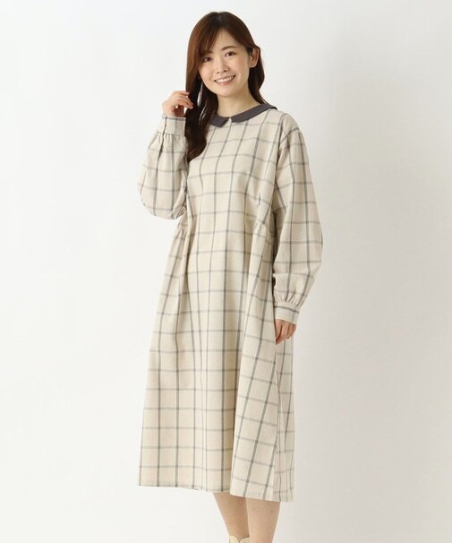 綿麻ネック配色フレアワンピース