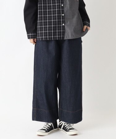 ツイル&デニム9分丈ワイドストレートパンツ