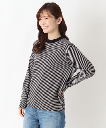 クルーネック 長袖細ボーダープルオーバー
