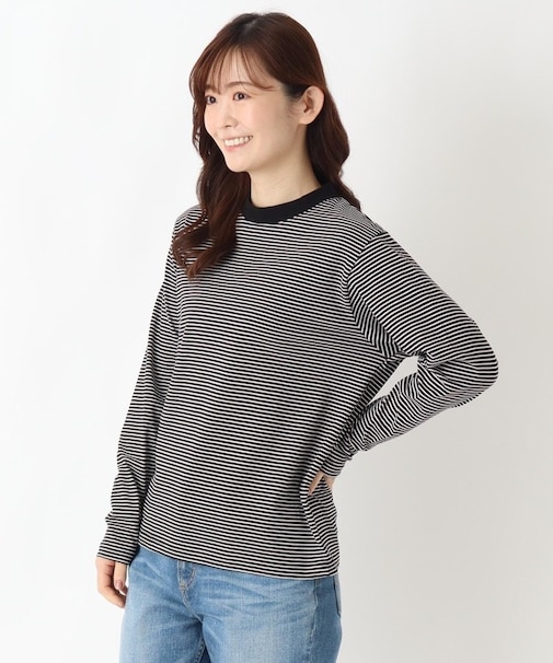 クルーネック 長袖細ボーダープルオーバー