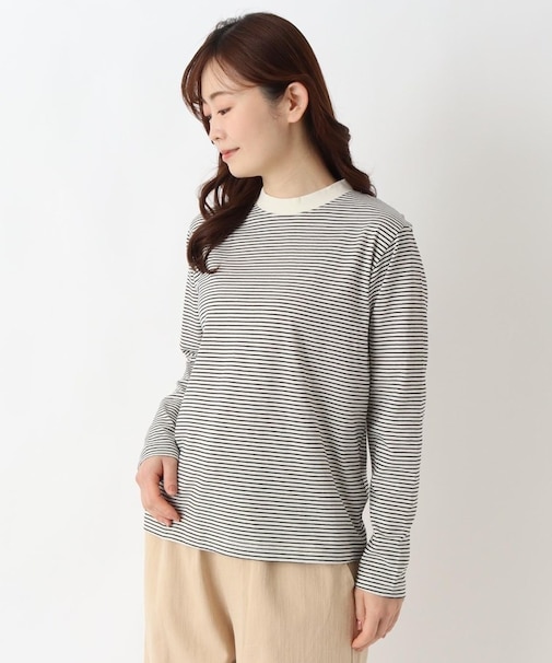 クルーネック 長袖細ボーダープルオーバー