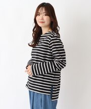 コットン ボートネックボーダー長袖プルオーバー